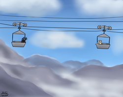 Size: 2557x2010 | Tagged: safe, artist:the-furry-railfan, derpibooru import, oc, oc only, oc:night strike, oc:parchment bleach, oc:pretty paper, cloud, cloudy, glasses, male to female, mountain, mountain range, ropeway conveyor, rule 63, scared, screaming, story included, surprised, this will end in balloons