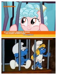 Size: 3106x4096 | Tagged: safe, derpibooru import, edit, edited screencap, screencap, cozy glow, pegasus, pony, school raze, bars, cage, clothes, cozybetes, cute, dress, female, filly, foal, hat, logic, male, nickelodeon, smurfette, smurfs, subtitles