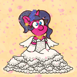 Size: 1100x1100 | Tagged: safe, artist:threetwotwo32232, derpibooru import, oc, oc only, oc:fizzy pop, pony, unicorn, clothes, dress, female, flower, flower in hair, flower petals, jewelry, mare, solo, wedding dress