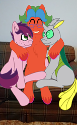 Size: 1845x3019 | Tagged: safe, artist:summerium, derpibooru import, oc, oc only, oc:jack shelf, oc:sasir, oc:summer lights, changedling, changeling, earth pony, pegasus, pony, changeling oc, glasses, hug, irl, photo, ponies in real life, smiling, unshorn fetlocks