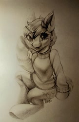 Size: 467x720 | Tagged: safe, artist:rrd-artist, derpibooru import, oc, oc only, semi-anthro, unicorn, cheek squish, clothes, cute, ear fluff, female, looking at you, mare, monochrome, sitting, solo, squishy cheeks, sweater, tongue out, traditional art