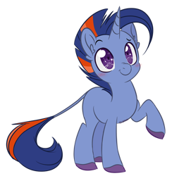 Size: 600x616 | Tagged: safe, artist:sinamuna, derpibooru import, oc, oc only, oc:starfall axiom, pony, unicorn, base used, blue hair, blushing, colored hooves, horn, leonine tail, male, nextgen:sinverse, offspring, orange hair, parent:sunburst, parent:twilight sparkle, parents:twiburst, purple eyes, red hair, redesign, smiling, solo, stallion, updated design