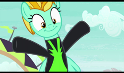 Size: 522x306 | Tagged: safe, derpibooru import, screencap, lightning dust, pegasus, pony, the washouts (episode), adorable face, clothes, cloud, cute, dustabetes, female, flag, happy, hug, mare, stadium, uniform, washouts uniform