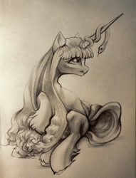 Size: 549x720 | Tagged: safe, artist:rrd-artist, derpibooru import, oc, oc only, pony, snake, female, leg fluff, long horn, long mane, mare, monochrome, sitting, solo, traditional art