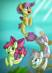 Size: 1889x2659 | Tagged: safe, artist:mcmeg29, derpibooru import, apple bloom, scootaloo, sweetie belle, seapony (g4), surf and/or turf, adorabloom, bow, cute, cutealoo, cutie mark crusaders, diasweetes, female, hair bow, sea-mcs, seaponified, seapony apple bloom, seapony scootaloo, seapony sweetie belle, species swap, underwater