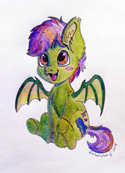 Size: 1225x1700 | Tagged: safe, artist:zobaloba, derpibooru import, oc, oc only, oc:grey seeking dusk, bat pony, pony, chibi, full body, gift art, happy, smiling, solo, traditional art