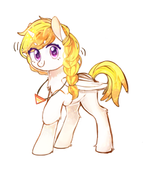 Size: 1667x1877 | Tagged: artist needed, safe, derpibooru import, oc, oc only, oc:可乐, alicorn, pony, 2019 community collab, alicorn oc, braid, chest fluff, derpibooru community collaboration, female, folded wings, heart eyes, jewelry, leg fluff, looking at you, mare, necklace, raised hoof, simple background, smiling, solo, standing, transparent background, wingding eyes, wings