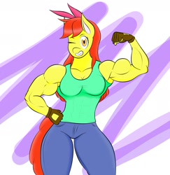 Size: 1678x1726 | Tagged: safe, artist:matchstickman, derpibooru import, apple bloom, anthro, earth pony, apple bloomed, apple brawn, armpits, biceps, bow, breasts, clothes, female, fingerless gloves, flexing, gloves, jeans, matchstickman's apple brawn series, muscles, older, older apple bloom, pants, simple background, sleeveless, solo, tumblr:where the apple blossoms