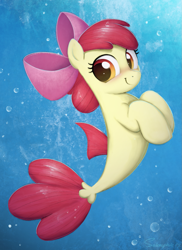 Size: 1017x1397 | Tagged: safe, artist:selenophile, derpibooru import, apple bloom, seapony (g4), :t, adorabloom, blushing, bow, bubble, cute, female, filly, fins, hair bow, looking at you, seaponified, seapony apple bloom, smiling, smiling at you, solo, species swap, underwater, water