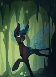 Size: 1600x2200 | Tagged: safe, artist:skylacuna, derpibooru import, oc, oc only, oc:noxus, changeling, cavern, changeling oc, fangs, male, raised hoof, smiling, solo