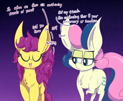 Size: 2800x2300 | Tagged: safe, artist:dragonpone, derpibooru exclusive, derpibooru import, bon bon, bon bon (g1), sweetie drops, earth pony, pony, g1, 35th anniversary, cheek fluff, chest fluff, dialogue, duo, ear fluff, eyes closed, female, g1 to g4, generation leap, generational ponidox, lidded eyes, mare, night, open mouth, raised hoof, smiling, stars