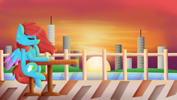 Size: 1024x576 | Tagged: safe, artist:clairedaartiste444, derpibooru import, oc, oc only, oc:cyan sunshine, pegasus, pony, city, skyscraper, solo, sunset, table