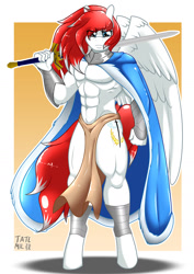 Size: 1280x1810 | Tagged: safe, artist:tatemil, derpibooru import, oc, oc only, oc:apollo airlerson, anthro, unguligrade anthro, bracelet, cape, clothes, commission, excalibur, jewelry, loincloth, male, partial nudity, solo, topless