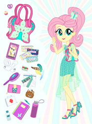 Size: 892x1200 | Tagged: safe, artist:sapphiregamgee, derpibooru import, angel bunny, fluttershy, human, better together, equestria girls, book, comb, commissioner:shortskirtsandexplosions, fashion, fashion style, female, geode of fauna, magical geodes, toy