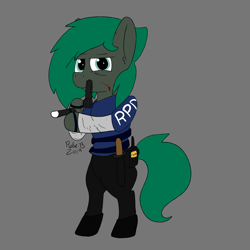 Size: 4500x4500 | Tagged: safe, artist:rosebush, derpibooru import, oc, oc only, oc:minus, semi-anthro, absurd resolution, angry, bipedal, blood, boots, cut, frown, glare, gray background, gun, handgun, hoof hold, knife, leon s. kennedy, looking at you, pistol, radio, resident evil, shoes, simple background, solo, standing, straps, weapon
