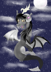 Size: 3508x4960 | Tagged: safe, artist:mr100dragon100, derpibooru import, oc, oc only, draconequus, vampire, contest, flying, moon, night, night sky, sky