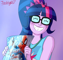 Size: 450x425 | Tagged: safe, artist:jeddy017-vz, derpibooru import, sci-twi, twilight sparkle, equestria girls, autograph, eyes closed, smiling, solo, spider-man, spider-man ps4