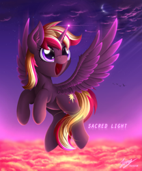 Size: 2081x2500 | Tagged: safe, artist:duskie-06, derpibooru import, oc, oc:sacred light, alicorn, pony, alicorn oc, birthday gift art, female, happy, high res, magic, open mouth, signature, solo