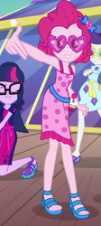 Size: 484x1076 | Tagged: safe, derpibooru import, screencap, pinkie pie, rarity, sci-twi, twilight sparkle, better together, equestria girls, i'm on a yacht, cropped, female, geode of sugar bombs, glasses, heart shaped glasses, legs, magical geodes, open-toed shoes, sleeveless, sunglasses, swag