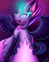 Size: 2000x2500 | Tagged: safe, artist:theunconsistentone, derpibooru import, midnight sparkle, sci-twi, twilight sparkle, twilight sparkle (alicorn), alicorn, pony, equestria girls, 2018, element of magic, equestria girls ponified, evil, evil laugh, offscreen character, ponified, pov, solo