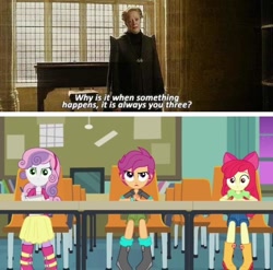 Size: 596x589 | Tagged: safe, derpibooru import, edit, screencap, apple bloom, scootaloo, sweetie belle, better together, equestria girls, happily ever after party, clothes, cutie mark crusaders, harry potter, harry potter and the half-blood prince, mame, meme, professor mcgonagall, skirt, why is it when something happens