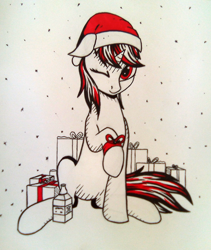 Size: 906x1073 | Tagged: safe, artist:adagiostring, derpibooru import, oc, oc:blackjack, pony, unicorn, fallout equestria, fallout equestria: project horizons, christmas, holiday, looking at you, present, sketch, snow, traditional art