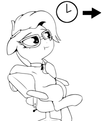 Size: 2232x2532 | Tagged: safe, artist:wenni, derpibooru import, grace manewitz, apple, armpits, arrow, black and white, chair, clock, eating, floppy ears, food, glasses, grayscale, monochrome, necktie, pencil, simple background, sitting, white background