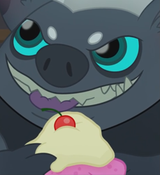 Size: 663x725 | Tagged: safe, derpibooru import, screencap, grubber, my little pony: the movie, cropped, cupcake, food, solo, tongue out