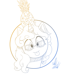 Size: 1225x1400 | Tagged: safe, artist:fuzon-s, derpibooru import, oc, oc only, oc:eleos, pony, unicorn, :p, bust, female, food, glasses, gradient lineart, looking at you, mare, pineapple, portrait, silly, sketch, solo, style emulation, tongue out, yuji uekawa style