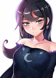 Size: 600x840 | Tagged: safe, artist:tzc, derpibooru import, moonlight raven, human, canterlot boutique, anime, bare shoulders, clothes, dress, female, humanized, jewelry, looking at you, necklace, over the moon, pearl necklace, simple background, smiling, solo, white background