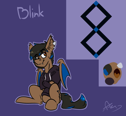 Size: 1173x1080 | Tagged: safe, artist:omegapex, derpibooru import, oc, oc only, oc:blink, bat pony, bat pony oc, clothes, commission, crossed arms, ear piercing, earring, hoodie, jewelry, piercing, reference sheet, sitting, solo