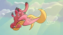 Size: 1280x720 | Tagged: safe, artist:omegapex, derpibooru import, oc, oc only, pegasus, pony, cloud, flying, long hair, male, solo, stallion, upside down, wings