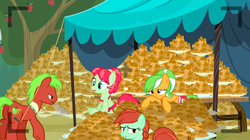 Size: 1440x806 | Tagged: safe, derpibooru import, screencap, apple cinnamon, apple leaves, candy apples, earth pony, pony, apple family reunion, apple dumpling, apple family member, apple fritter (food), background pony, exhausted, female, food, male, mare, stallion