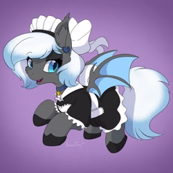 Size: 3000x3000 | Tagged: safe, artist:aurorafang, derpibooru import, oc, oc only, oc:moonlight melody, bat pony, pony, apron, bow, clothes, collar, commission, dress, ear piercing, female, french maid, maid, mare, piercing, shoes, solo