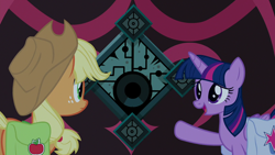 Size: 1280x720 | Tagged: safe, derpibooru import, screencap, applejack, twilight sparkle, twilight sparkle (alicorn), alicorn, earth pony, pony, school raze, duo, female, gates of tartarus, mare, raised hoof, saddle bag