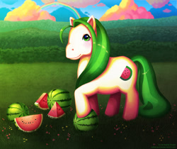 Size: 1000x838 | Tagged: safe, artist:andrea-koupal, derpibooru import, scrumptious, g1, food, watermelon