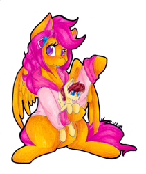 Size: 1280x1518 | Tagged: safe, artist:mscolorsplash, derpibooru import, scootaloo, oc, oc:lightning blitz, pegasus, pony, comic:ask motherly scootaloo, baby, baby pony, clothes, female, hairpin, holding a pony, male, mother and child, mother and son, motherly scootaloo, offspring, older, older scootaloo, parent and child, parent:rain catcher, parent:scootaloo, parents:catcherloo, simple background, sweatshirt, tongue out, transparent background