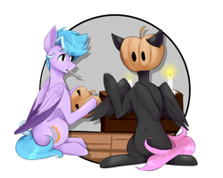 Size: 2080x1660 | Tagged: safe, artist:harmonyskish, derpibooru import, oc, oc only, oc:cream cloud, oc:moonflare, pony, female, halloween, holiday, jack-o-lantern, male, mare, pumpkin, pumpkin carving, rule 63, stallion