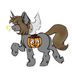 Size: 2000x2000 | Tagged: safe, artist:spoopygander, derpibooru import, oc, oc only, changeling, pony, unicorn, blushing, candy, eyes closed, food, halloween, holiday, jack-o-lantern, outline, painted pumpkin, patreon, patreon reward, pumpkin, pumpkin bucket, saddle bag, simple background, smiling, solo, sparkles, transparent background, walking, wings