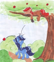 Size: 3225x3731 | Tagged: safe, artist:pzkratzer, derpibooru import, oc, oc only, oc:bluebat, oc:ponygriff, bat pony, original species, apple, bat pony oc, food, griffling, ponygriff, sleeping, traditional art, tree, tree branch