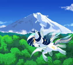 Size: 2700x2400 | Tagged: safe, artist:owlity, derpibooru import, oc, oc only, oc:wistful galaxy, bat pony, pony, bat pony oc, female, flying, mare, mountain, scenery, smiling, solo