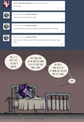 Size: 929x1345 | Tagged: safe, artist:dreamingnoctis, derpibooru import, smarty pants, twilight sparkle, ask asylum twilight, bed, solo