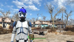 Size: 1280x720 | Tagged: safe, artist:themultibrony21, derpibooru import, oc, oc only, oc:feathertrap, anthro, unicorn, armor, clone trooper, eyeshadow, fallout, fallout 4, game mod, lipstick, makeup, male, solo, star wars, tree