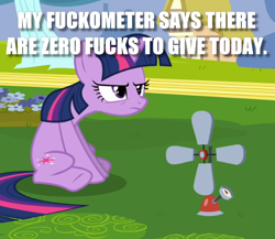 Size: 624x542 | Tagged: safe, derpibooru import, edit, edited screencap, screencap, twilight sparkle, unicorn twilight, pony, unicorn, hurricane fluttershy, anemometer, cropped, female, grumpy, grumpy twilight, image macro, mare, meme, no fucks, sitting, solo, text, vulgar