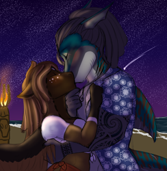 Size: 2588x2648 | Tagged: safe, artist:theecchiqueen, derpibooru import, oc, oc only, oc:island breeze, oc:rogue wave, anthro, original species, pegasus, shark pony, anthro oc, blushing, commission, couple, eyes closed, female, first kiss, front knot midriff, gift art, islandwaves, kissing, male, mare, midriff, night, oc x oc, sarong, shipping, stallion, straight