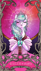 Size: 822x1425 | Tagged: safe, artist:sourcherry, derpibooru import, oc, crystal pony, pony, clothes, cup, curly mane, jewelry, lipstick, minor arcana, queen of cups, scarf, tarot, tarot card, tiara, unnamed oc