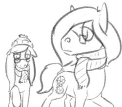 Size: 565x496 | Tagged: safe, artist:tempusfidgets, derpibooru import, oc, oc:autumn bramble, oc:tempus fidgets, earth pony, pony, clothes, female, hat, male, monochrome, scarf, simple background