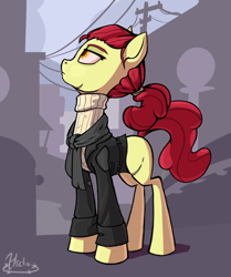 Size: 1020x1222 | Tagged: safe, artist:hc0, derpibooru import, apple bloom, pony, alternate hairstyle, clothes, jacket, older, scar, solo, sweater