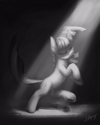 Size: 1000x1250 | Tagged: safe, artist:lollipony, derpibooru import, twilight sparkle, unicorn twilight, pony, unicorn, black background, dancing, eyes closed, female, grayscale, mare, monochrome, simple background, sketch, solo, spotlight