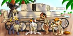 Size: 6000x3000 | Tagged: safe, artist:noctaliansfw, derpibooru import, oc, oc only, oc:blasting cap, oc:clay duster, oc:lokibagel, oc:lollie lou, oc:scribble, earth pony, pegasus, pony, unicorn, afrika korps, ammunition, desert, gun, handgun, levitation, looking at you, luger, magic, oasis, pistol, tank (vehicle), telekinesis, tiger (tank), tiger i, weapon